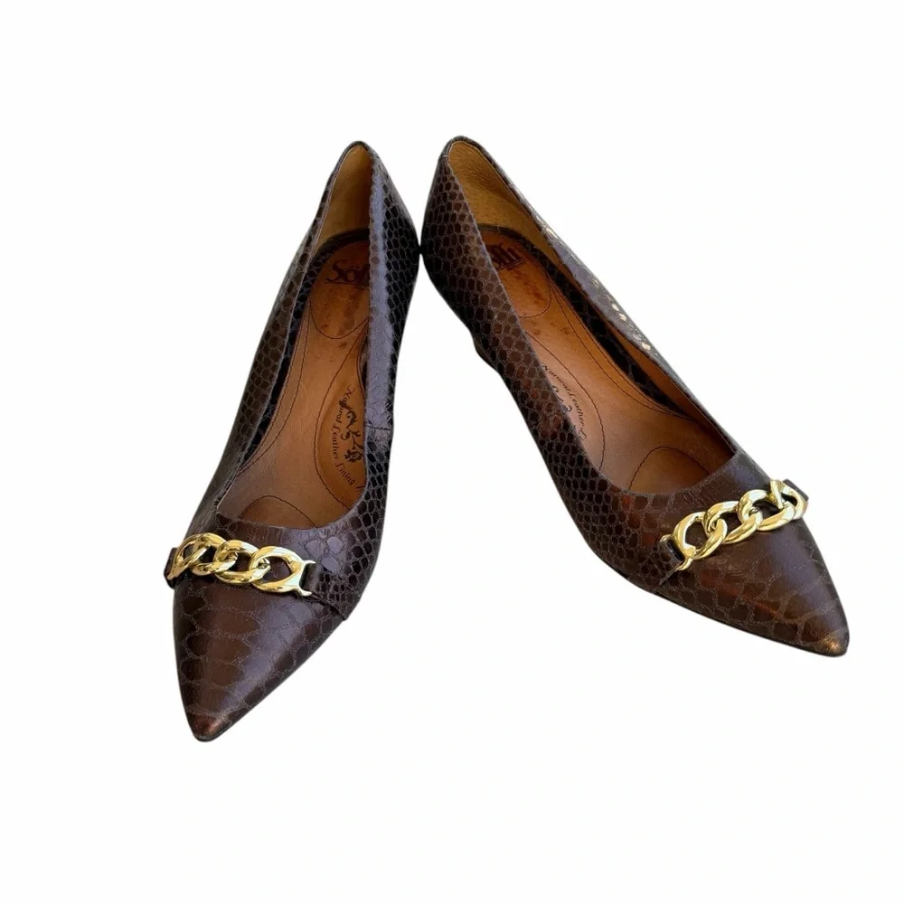 Soft Abbot Brown Leather Wedge with Snakeskin Print & Gold Chain Detail Size 11M